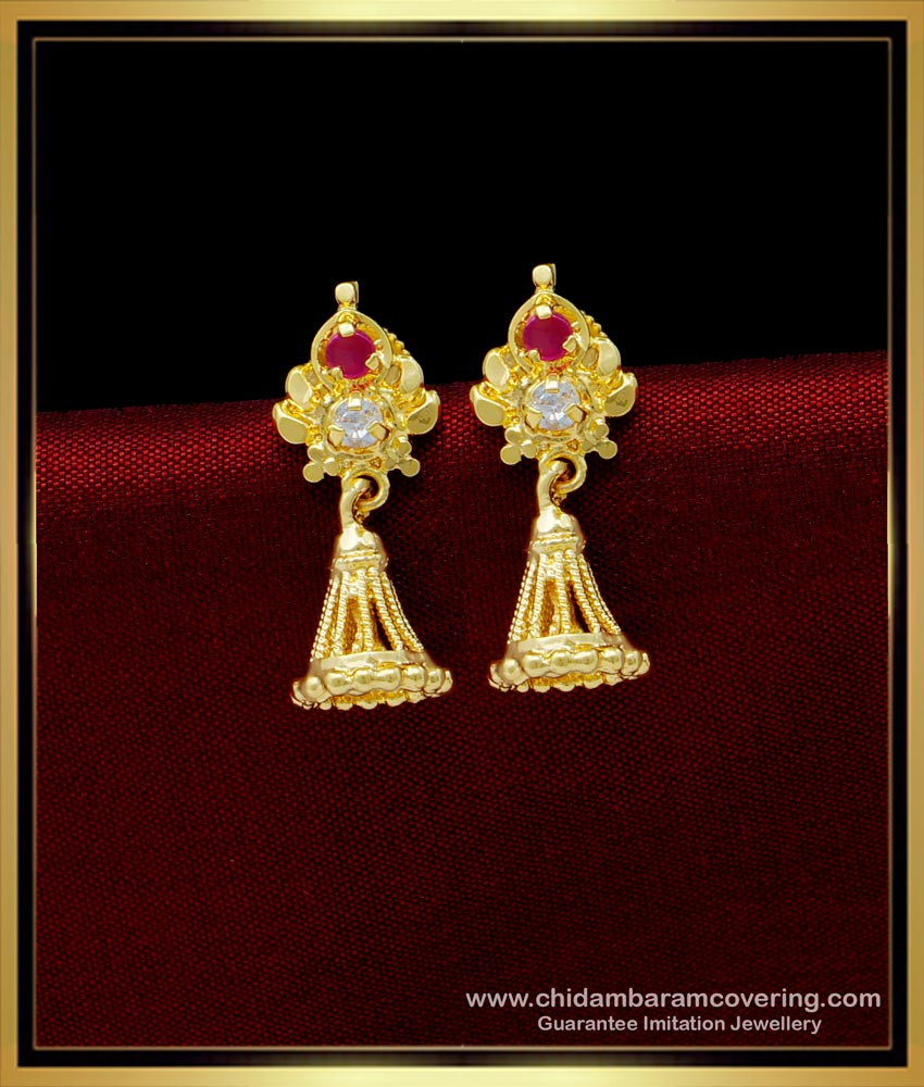 ERG1445 - New Model Jhumkas Ruby Stone Small Cone Shape Jhumkas Design for Daily Use