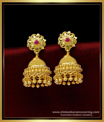 ERG1450 - Traditional Gold Jhumkas Design Single Ruby Stone Bridal Jhumkas Online Shopping