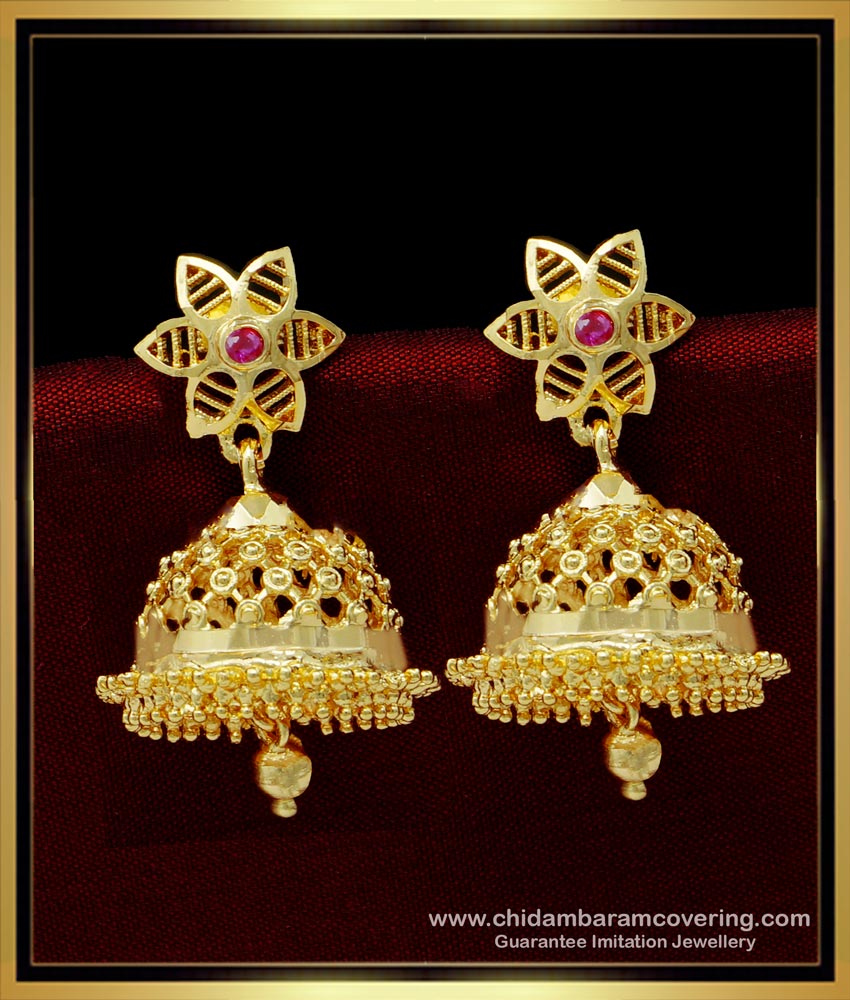 ERG1451 - Latest Gold Look Ruby Stone 1 Gram Gold Big Jhumkas for Wedding