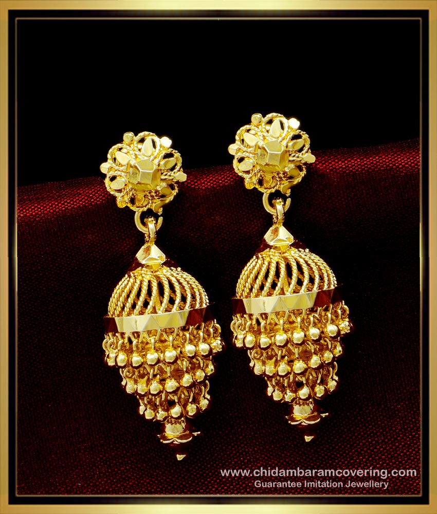 ERG1498 - South Indian Bridal Wear Gold Pattern 3 Layer Jhumka Earrings Design Online