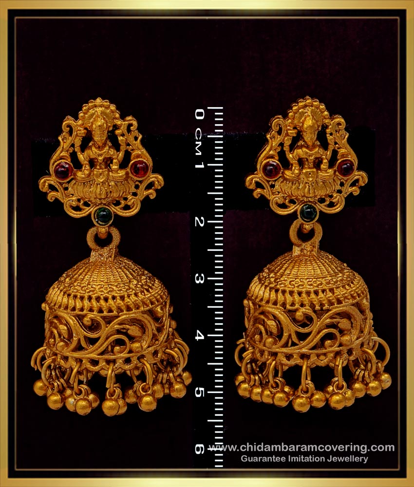 ERG1504 - South Indian Red and Green Stone Lakshmi Temple Jhumkas Artificial Jewelry