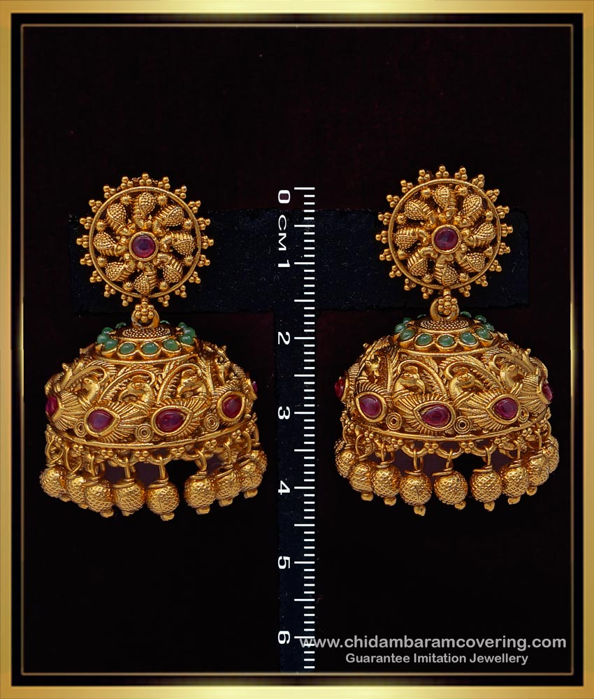 ERG1514 - Premium Quality Real Kemp Stone Antique Jhumka Earrings Gold Design for Wedding 