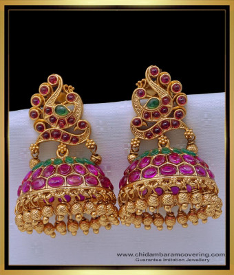 ERG1516 - First Quality Real Kemp Stone Peacock Design Antique Jhumkas Online