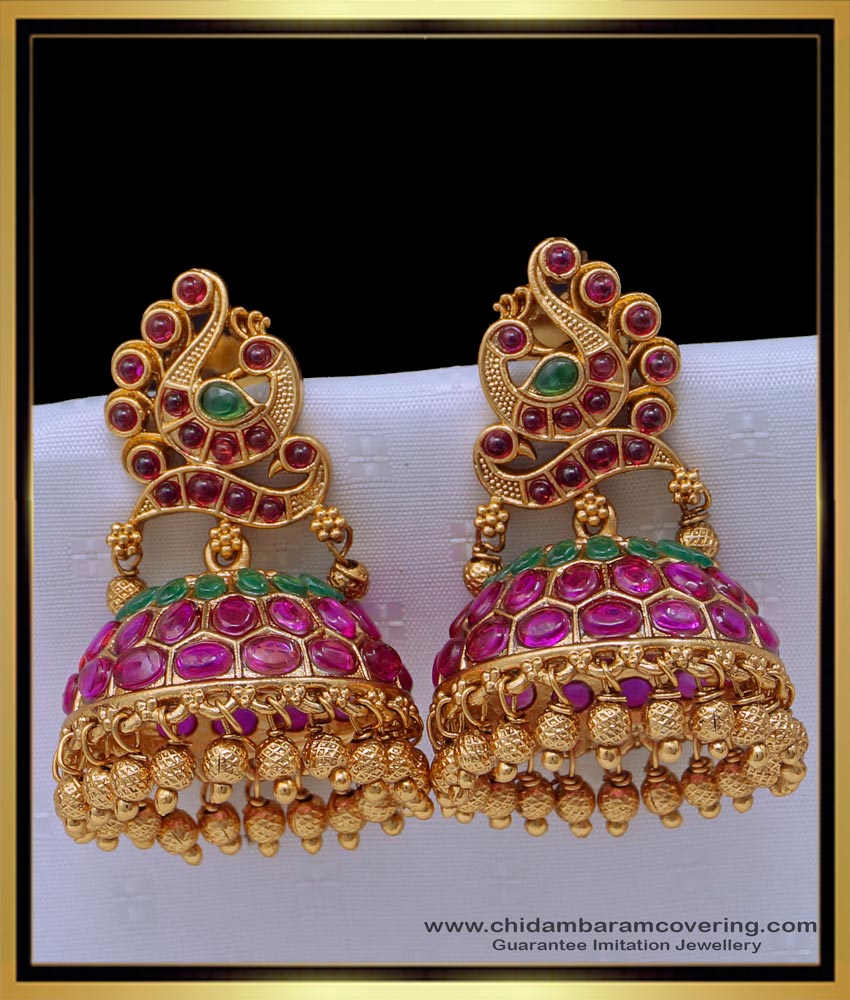 ERG1516 - First Quality Real Kemp Stone Peacock Design Antique Jhumkas Online