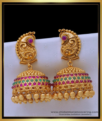 ERG1517 - Premium Quality Real Kemp Stone Beautiful Peacock Design Big Antique Jhumkas