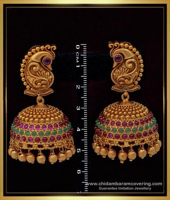 ERG1517 - Premium Quality Real Kemp Stone Beautiful Peacock Design Big Antique Jhumkas
