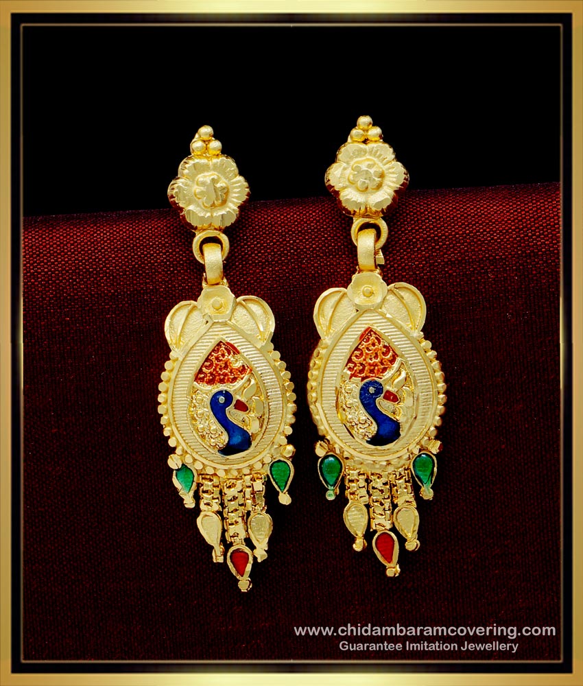 ERG1531 - Attractive Gold Forming Peacock Design Enamel Dangle Earrings for Women