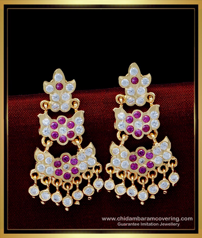 ERG1539 - Traditional Gold Pattern Ruby and White Stone Double Layer Impon Earring Designs