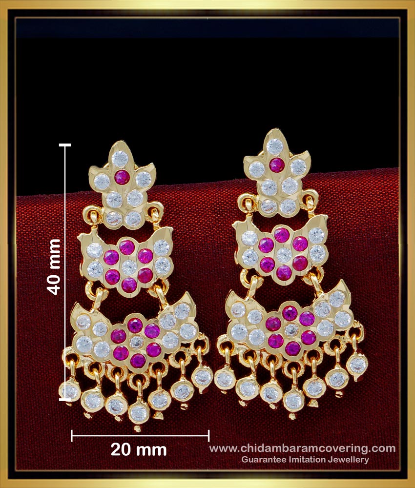 ERG1539 - Traditional Gold Pattern Ruby and White Stone Double Layer Impon Earring Designs