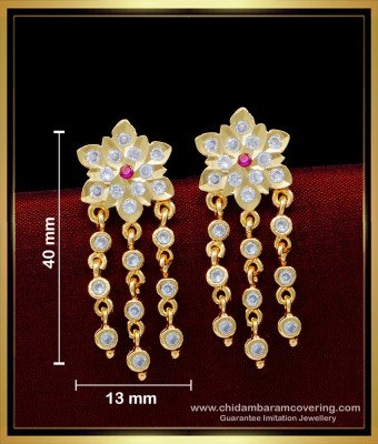 ERG1540 - Impon White Stone Flower Design 3 Line Stone Chain Earrings Designs