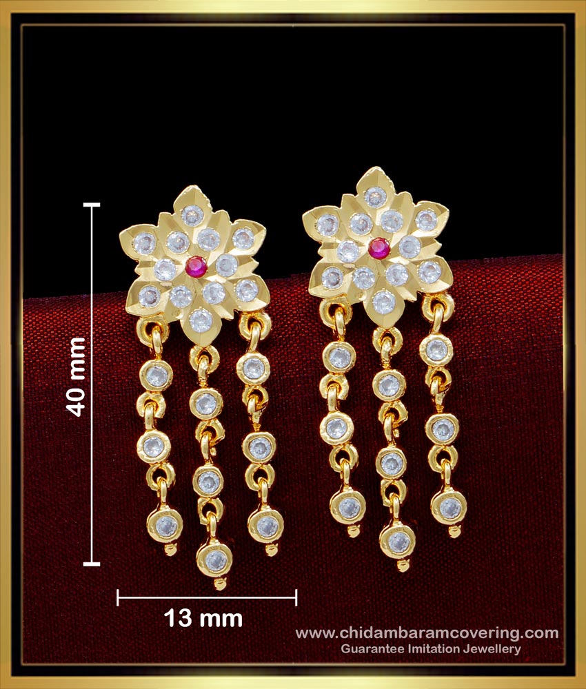 ERG1540 - Impon White Stone Flower Design 3 Line Stone Chain Earrings Designs