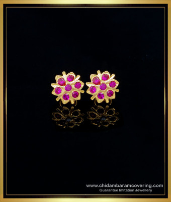 ERG1554 - Impon Traditional Flower Design 7 Stone Ruby Earrings Designs for Daily Use 