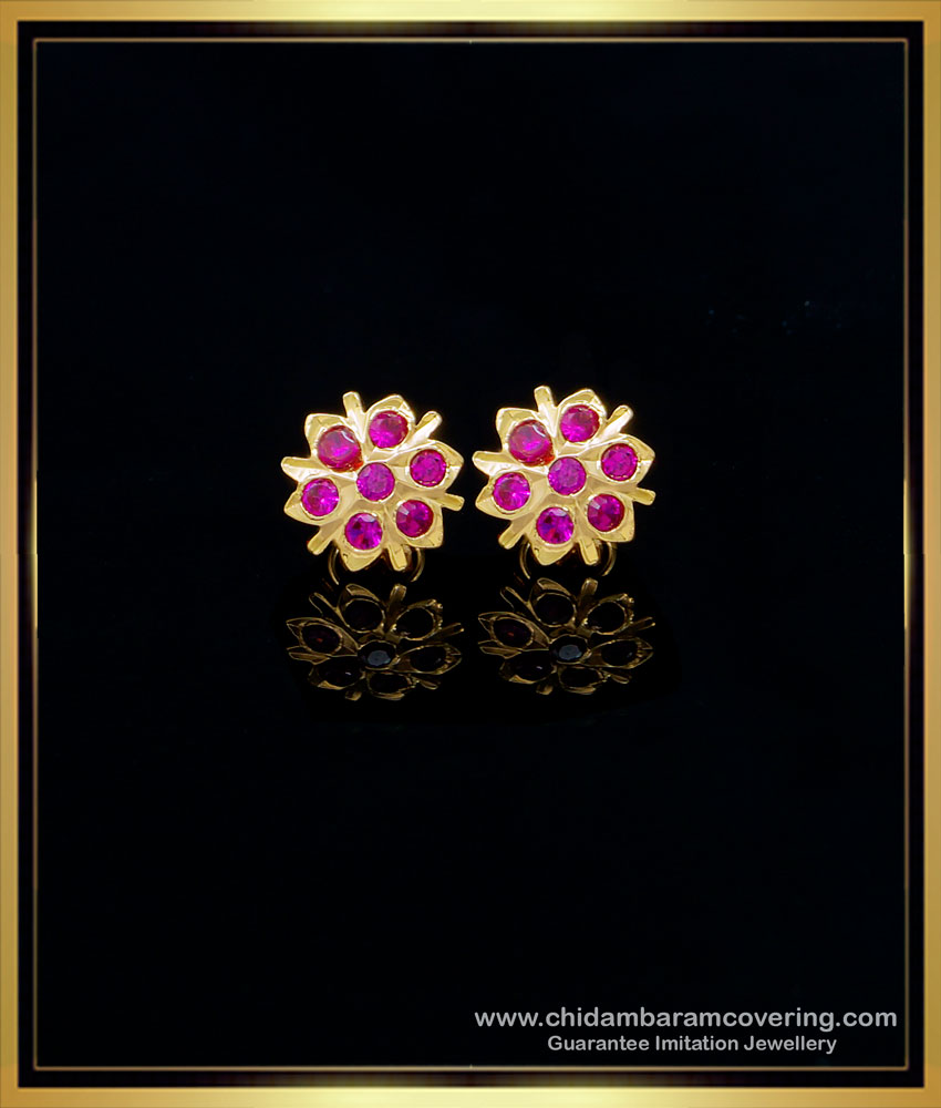 ERG1554 - Impon Traditional Flower Design 7 Stone Ruby Earrings Designs for Daily Use 