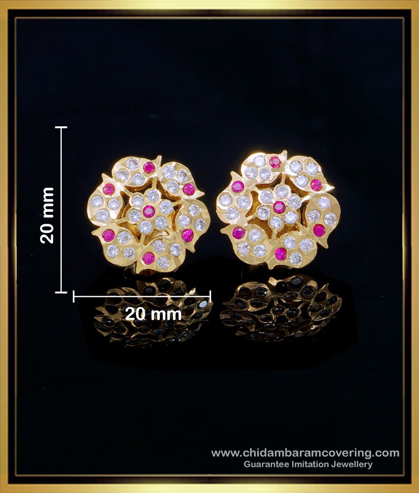 ERG1555 - Impon Five Metal Flower Design White Stone Stud Earrings for Women 