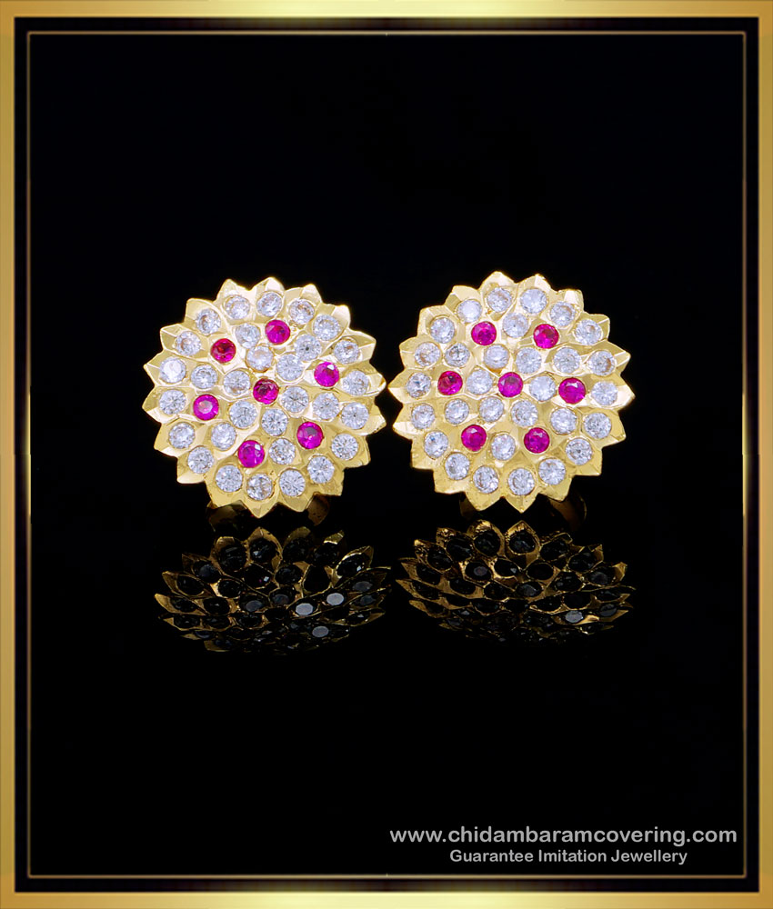 ERG1558 - Traditional Panchaloha Earrings Flower Design White Stone Studs for Women