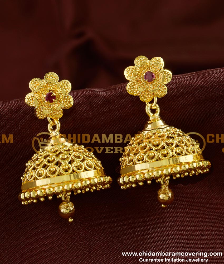 ERG249 - Beautiful Bridal Wear Red Stone Big Jhumka Gold Design Online