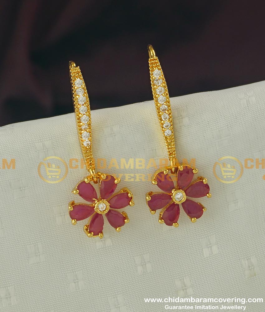 ERG305 - Unique White and Ruby Stone Designer Hook Earring Design Buy Online