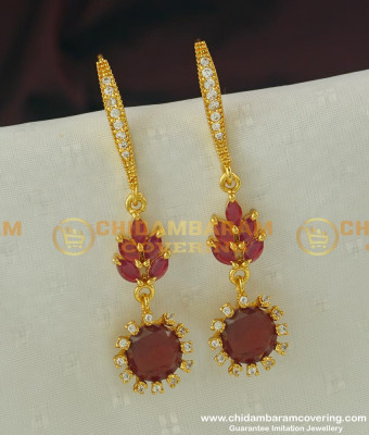 ERG308 - Top Stylish Leaf Design Ruby Stone White Stone Hook Earring Design Buy Online