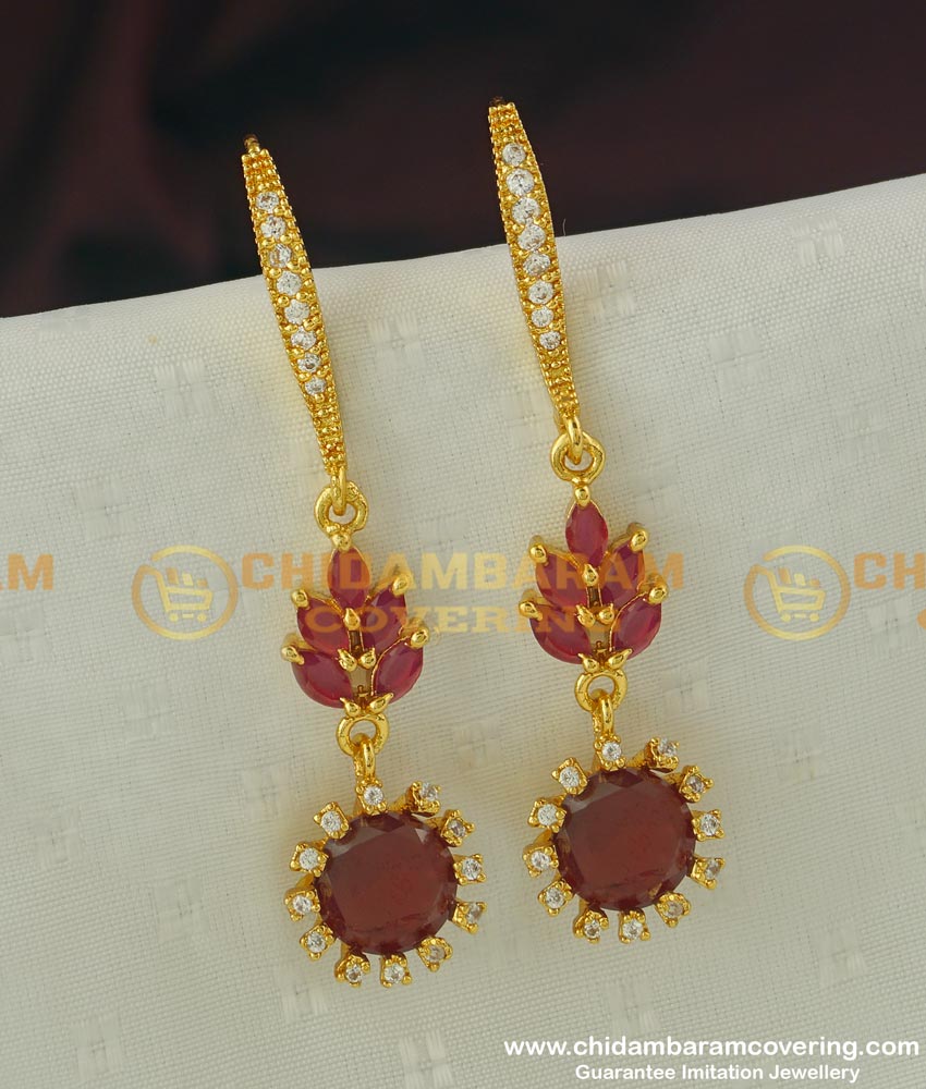 ERG308 - Top Stylish Leaf Design Ruby Stone White Stone Hook Earring Design Buy Online