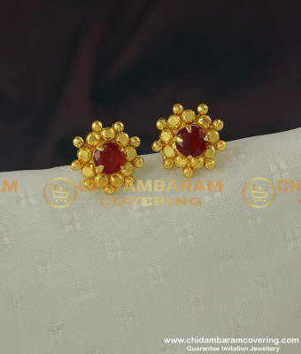 ERG317 - New Floral Design Big Single Ruby Stone One Gram Gold Stud Online