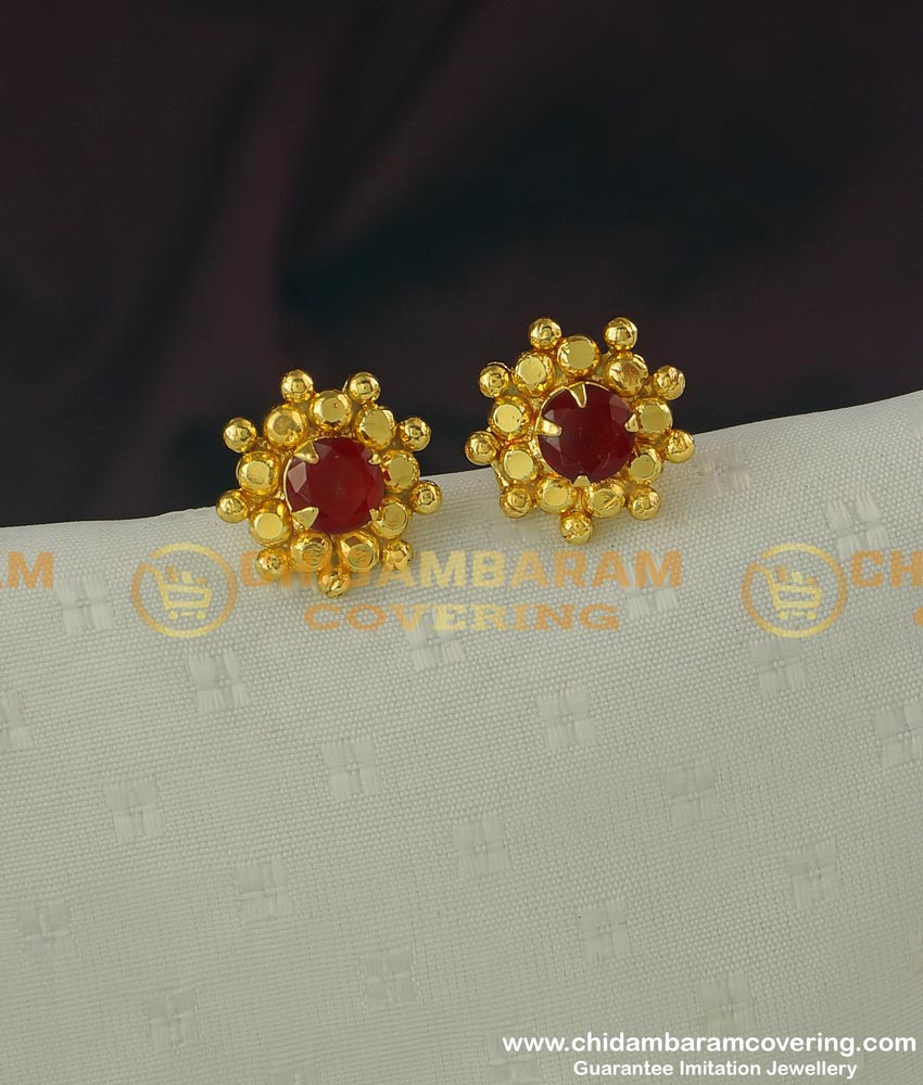 ERG317 - New Floral Design Big Single Ruby Stone One Gram Gold Stud Online