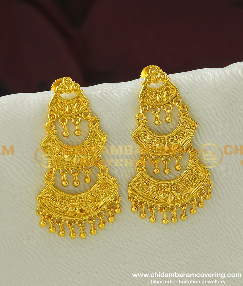 ERG325 - New Gold Finish Forming 3 Layer Long Dangler Earring Buy Indian Jewellery Online