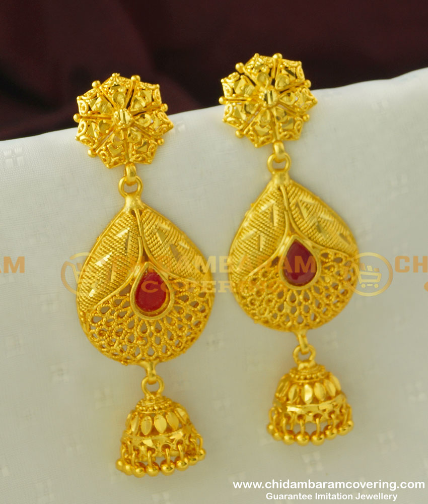 ERG333 - Unique Peacock Feather Design Red Stone Forming Gold Plated Danglers Earring Online
