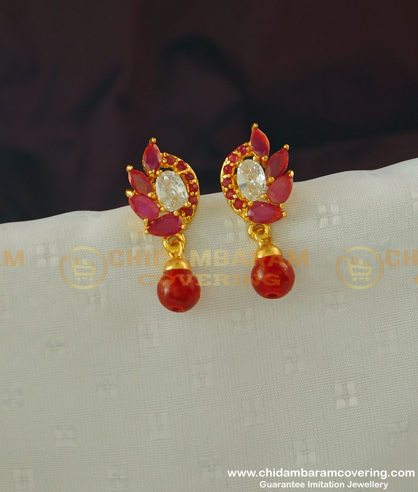 ERG368 - Attractive Gold Earring Design First Quality Red and White Stone Earring Buy Online