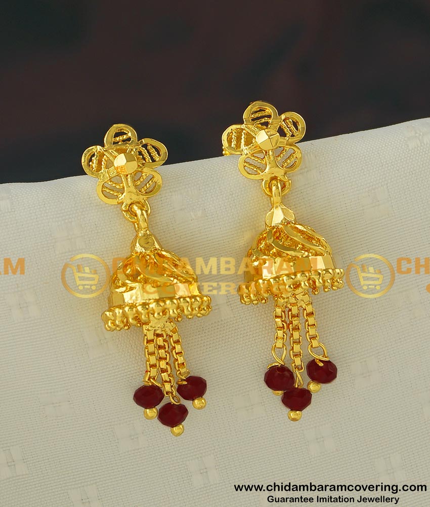 ERG400 - Semi Precious Maroon Crystal Tassel Gold Design Jhumka Earrings for Women