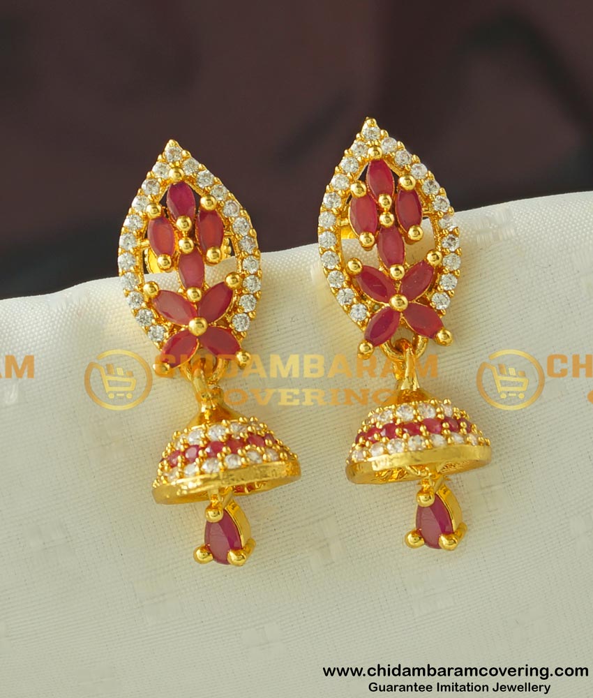 ERG441 - Elegant Look Fashionable White and Pink Designer CZ Stone Jhumkas Earrings 