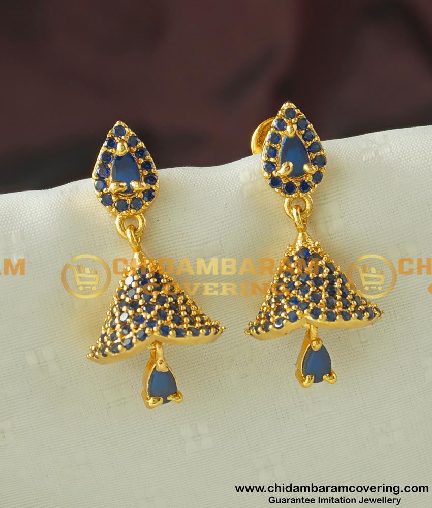 Erg443 - Most Beautiful Navy Blue CZ Stone One Gram Gold Party Wear Stylish Jhumkas Online
