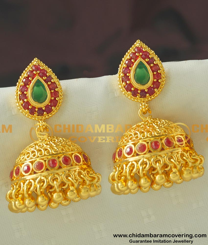 ERG444 - Latest Gold Antique Design One Gram Gold Stone Umbrella Jhumkas Earring Indian Jewelry Online