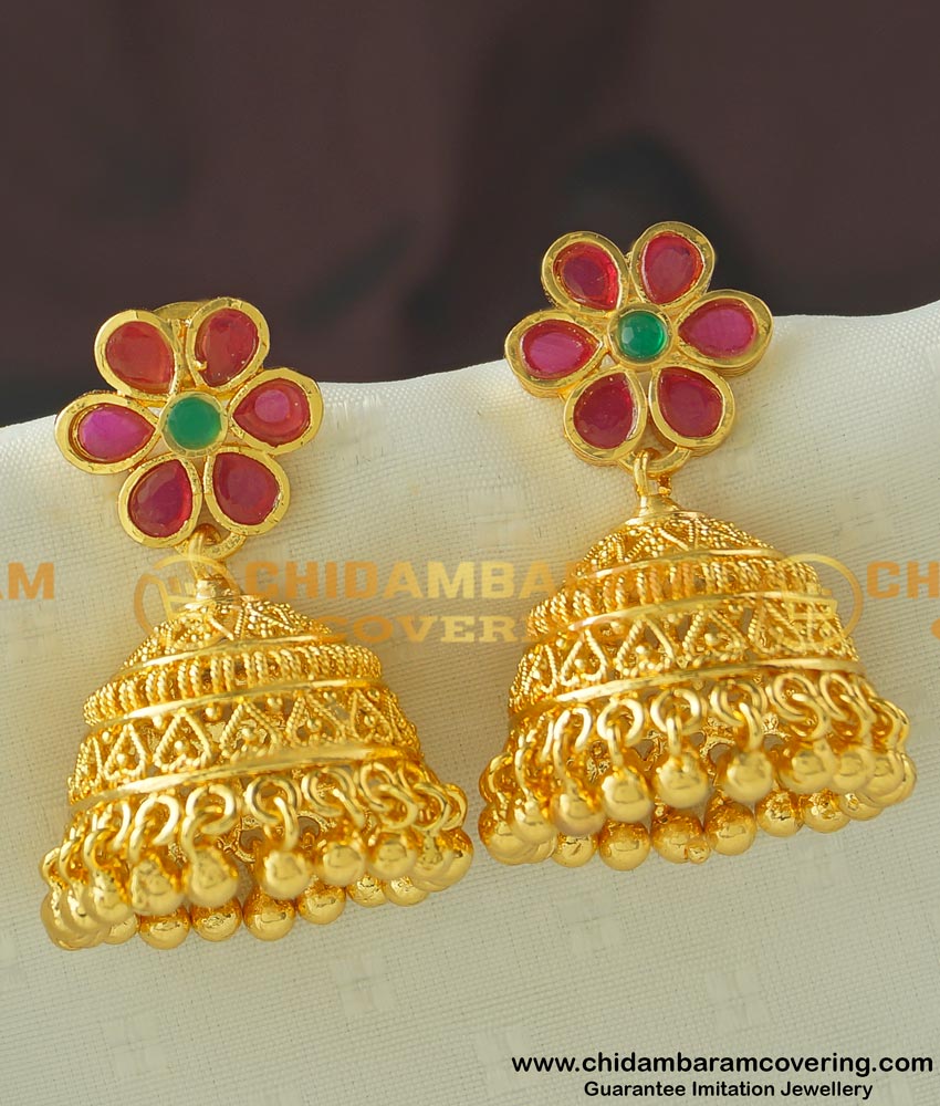 ERG445 - Buy Attractive Flower Design Bridal Heavy Gold Plated Stone Jhumkas Wedding Jhumkas Earring Online Shopping