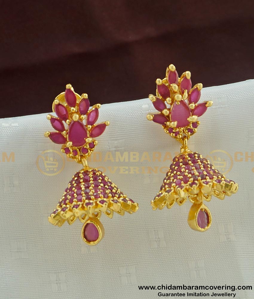 Erg446 - Unique Collection Full Ruby Stone One Gram Gold Party Wear Jhumkas Online