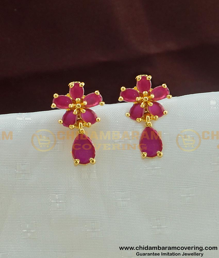 ERG447 - Cute Small High Quality Full Ruby Stone Floral Design Earring for Girls