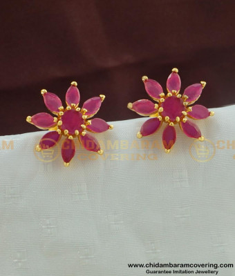 ERG449 - Attractive Full Ruby Stone Gold Plated Party Wear Floral Design Studs Earring Imitation Jewellery