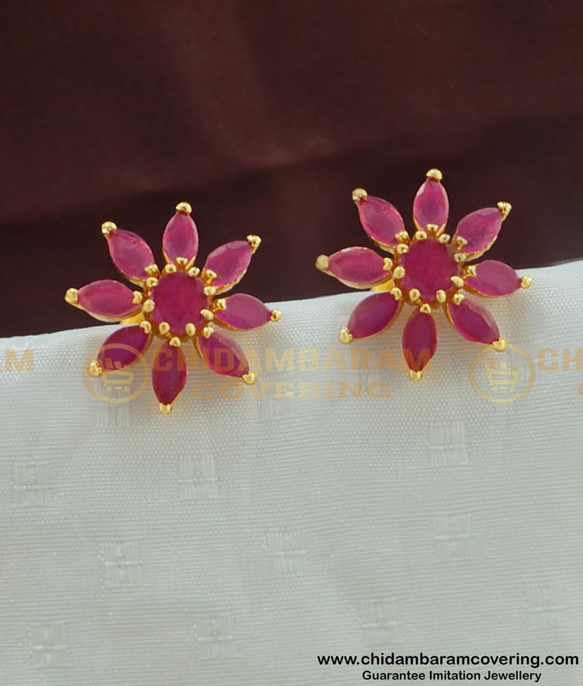 ERG449 - Attractive Full Ruby Stone Gold Plated Party Wear Floral Design Studs Earring Imitation Jewellery