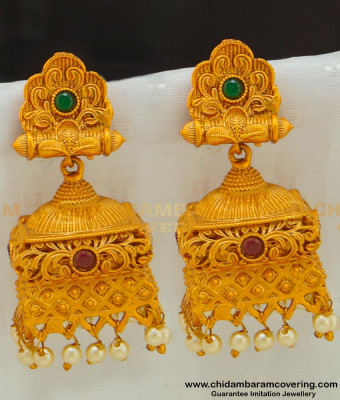 ERG522 - Beautiful Antique Jhumkas Gold Matte Finish Stone Temple Jewellery Buy Online