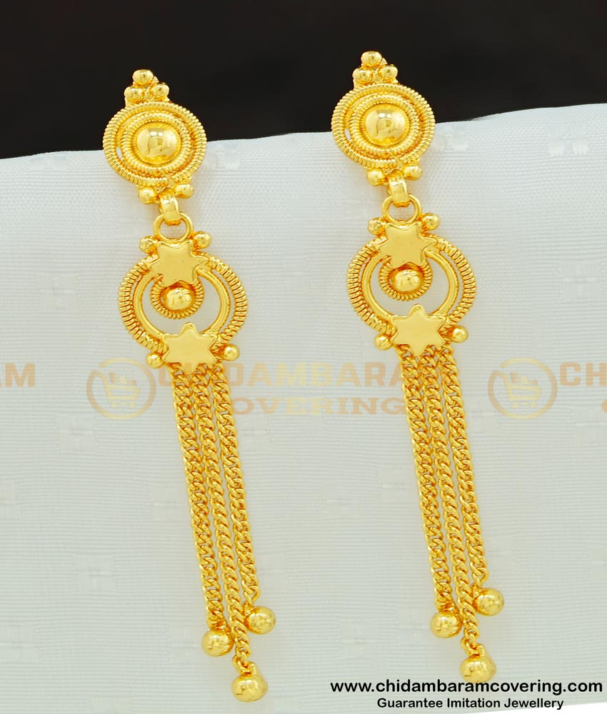 ERG555 - Hanging Long Drop Danglers Light Weight Gold Earrings Design For Daily Use Earrings Online