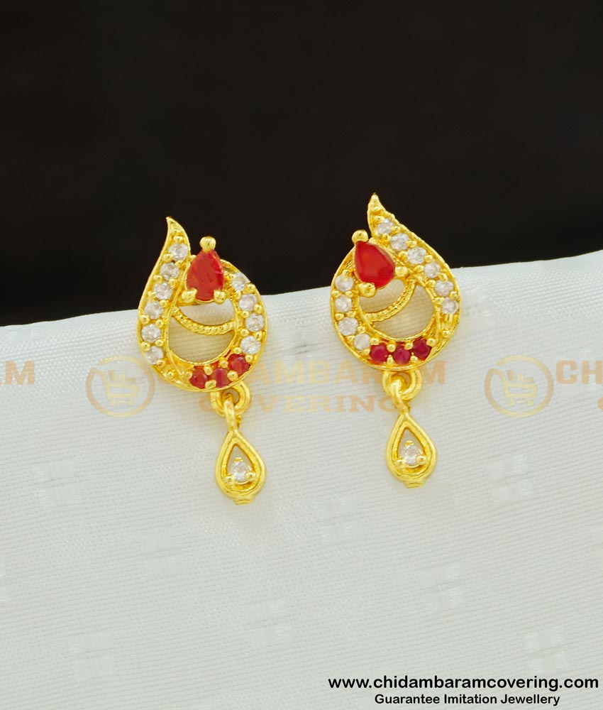 ERG599 - South Indian Style Gold Plated White and Red Stone Ear Studs Online 