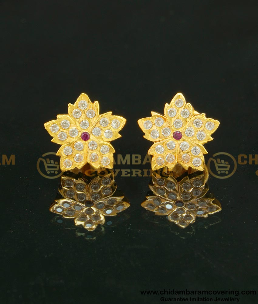 ERG626 - Latest Collection Unique Flower Design Impon Indian Gold Stone Earrings Online