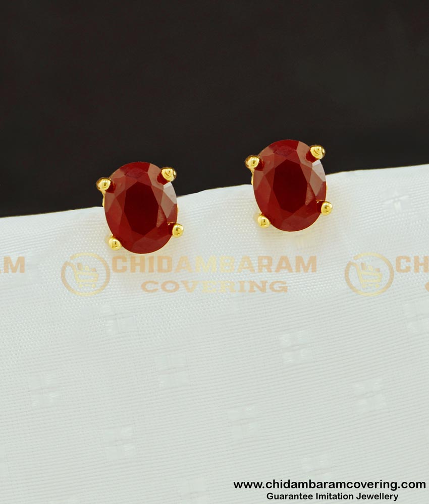 ERG635 - Elegant Big Single Stone Stud Gold Plated Maroon Stone Earring Online