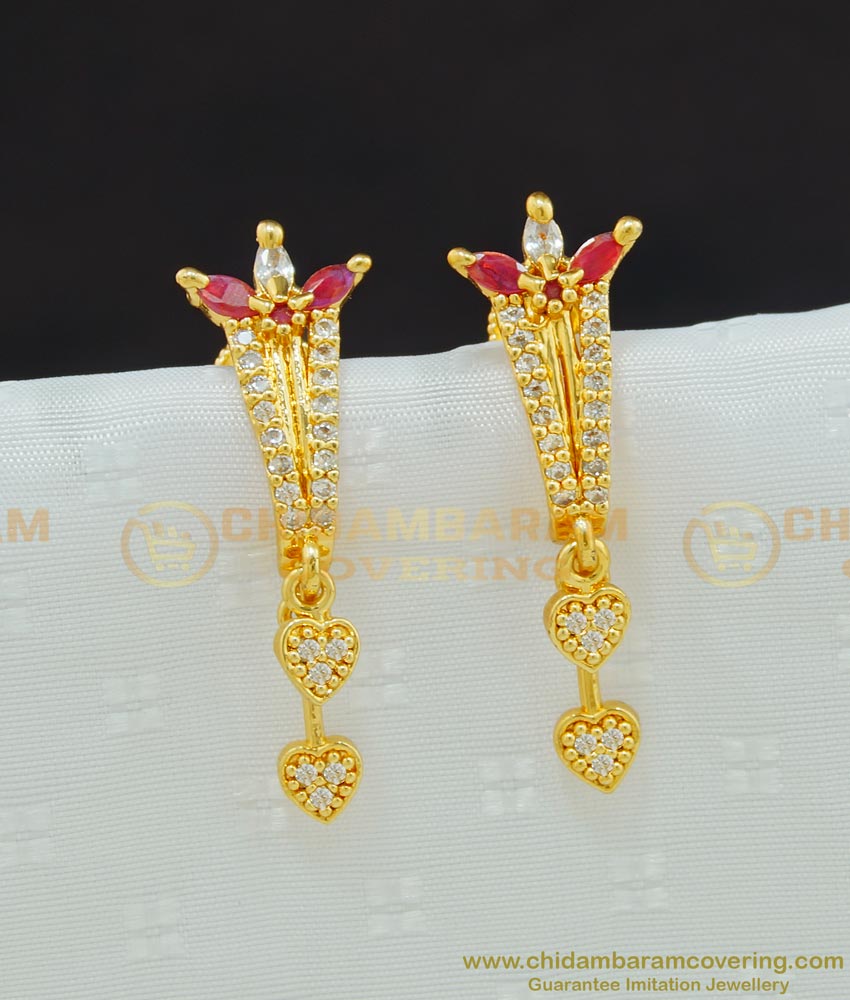 ERG643 - Gold Finish American Diamond Pink and White Drop Earring Online