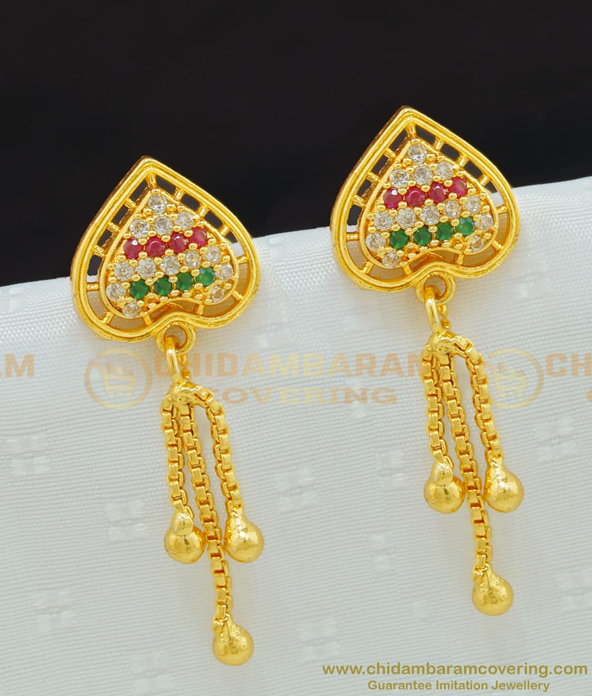 ERG647 - Latest Collections Heart Shape Multi Stone Drops Earring Gold Design for Women