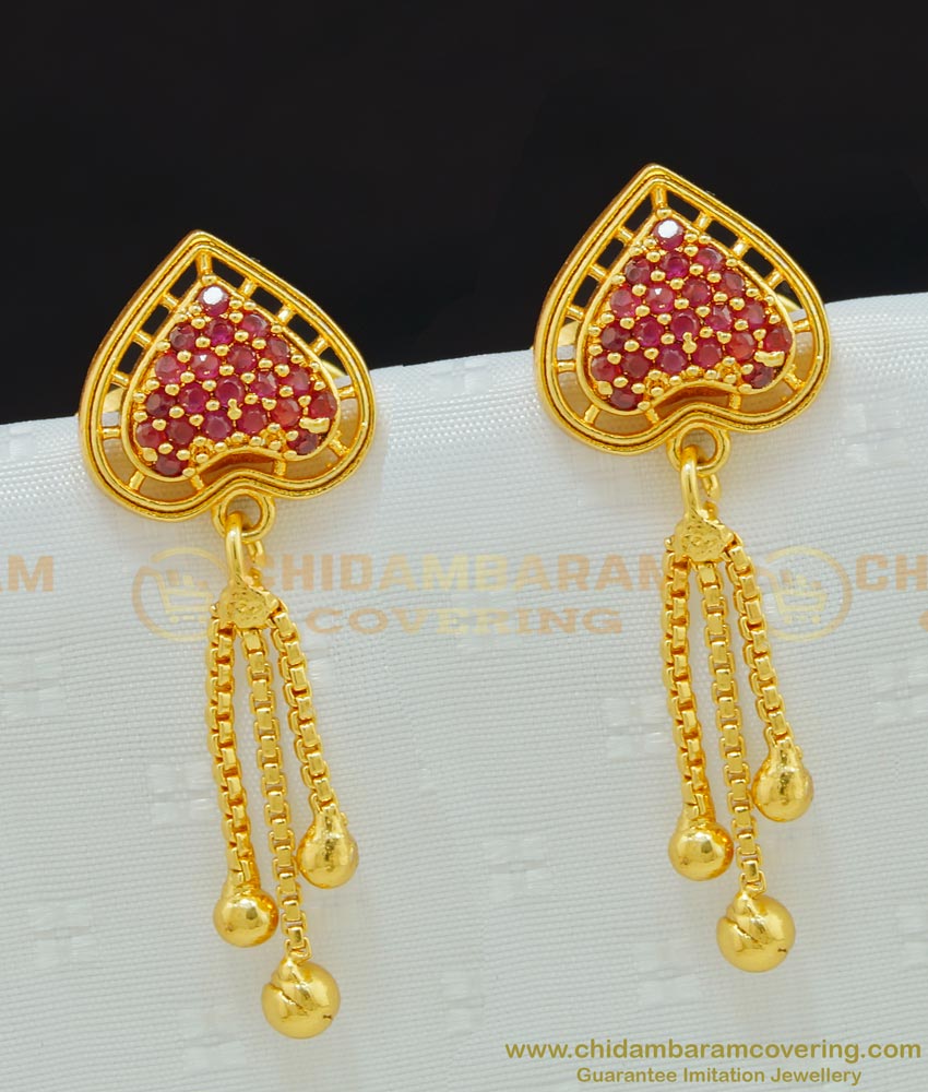 ERG648 - Beautiful Gold Plated Heart Shape Ruby Stone Drops Earring Gold Design Online