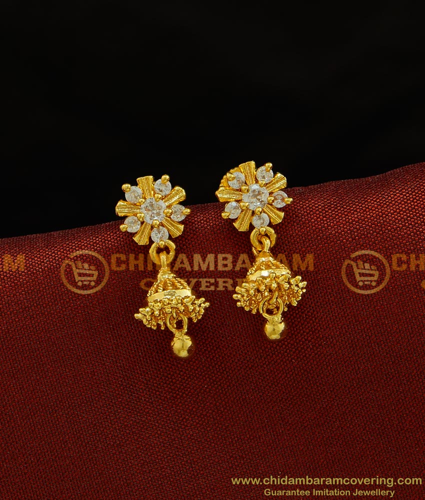 ERG723 - Traditional South Indian White Stone Small Jhumkas Design for Girls