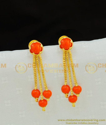 ERG759 - New Red Beads 3 Line Earring Daily Wear Hanging Beads Earrings Designs Online
