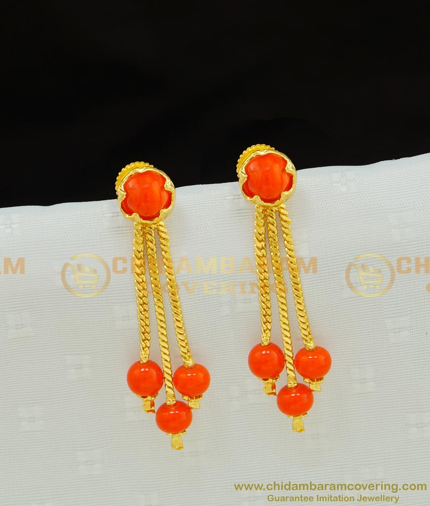 ERG759 - New Red Beads 3 Line Earring Daily Wear Hanging Beads Earrings Designs Online