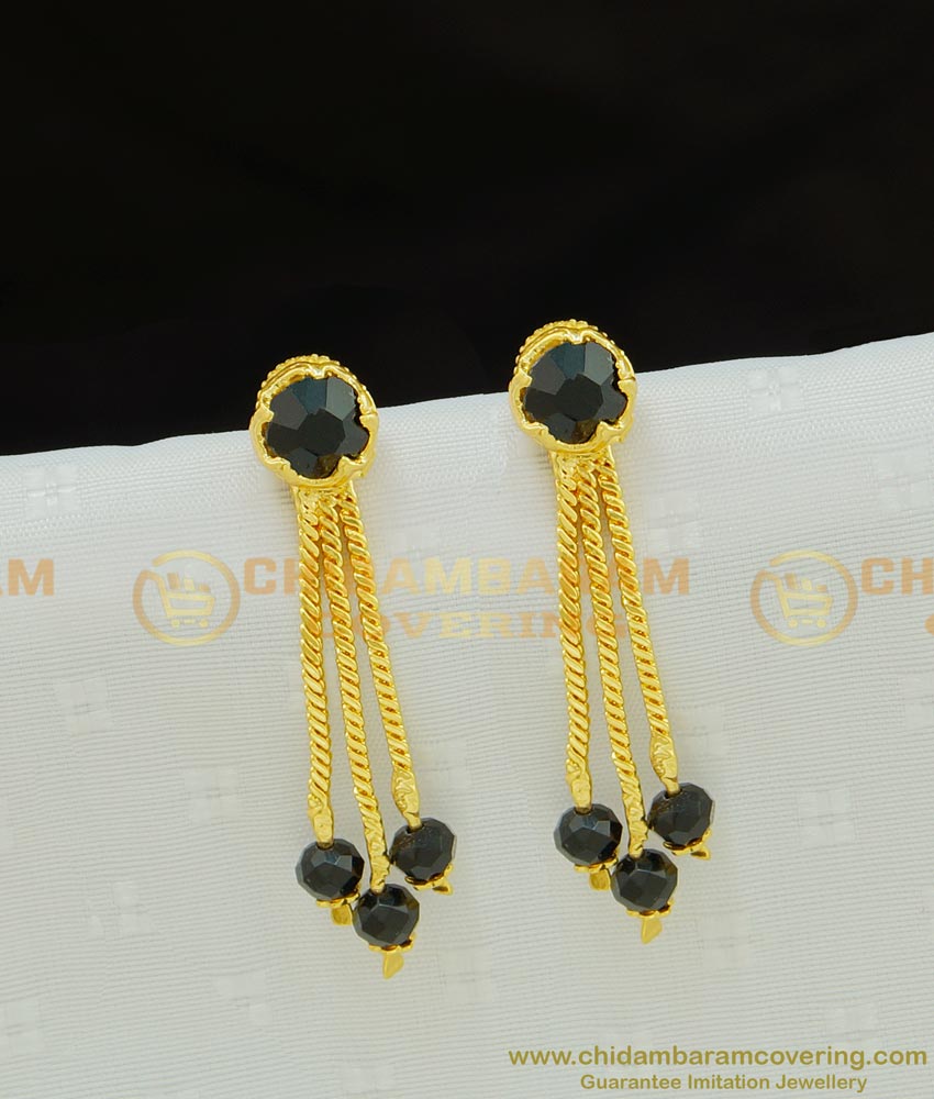 ERG760 - One Gram Gold 3 Line Earrings Black Beads Hanging Earrings Suitable for School