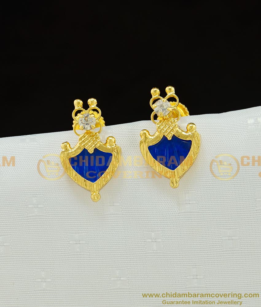 ERG777 - Traditional Kerala White Stone Blue Single Palakka Studs Earring Gold Plated Stud Buy Online